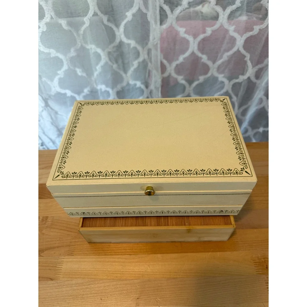 Vintage Cream Faux Leather Multi Tier Jewelry Box Blue Velvet Lilac Satin Lining